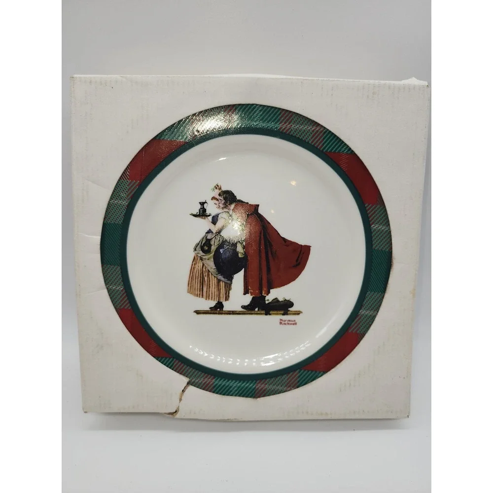 Norman Rockwell Mistletoe Christmas Collector Plate Red Green Plaid Border